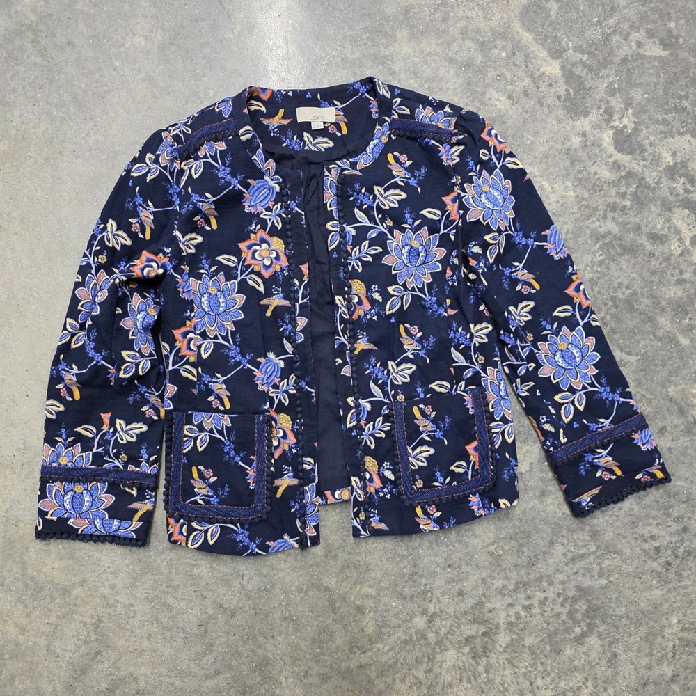 LOFT Floral Print Jacket Womens Long‎ Sleeve Open Front Blue Orange 2